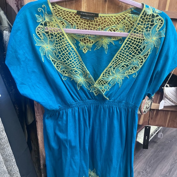 BCBGMaxAzria Tops - BCBGMaxAzria Teal Dress with Lime Crochet and Gold Embroidery